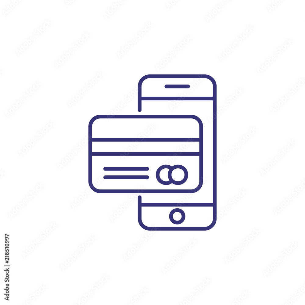 Mobile bank line icon. Smartphone, phone, credit card. Mobile app concept. Can be used for topics like payment, finance management, banking, wireless technology Mobile bank line icon. Smartphone, phone, credit card. Mobile app concept. Can be used for topics like payment, finance management, banking, wireless technology