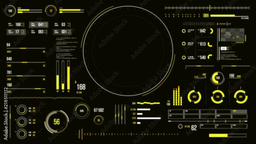 Futuristic user interface with HUD and infographic elements. Looped motion virtual technology background. Intelligent head-up display dashboard for business, games, motion design, web and app.
