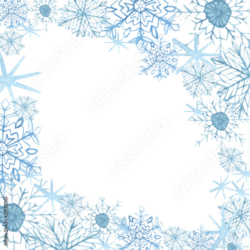 Winter border with blue snowflakes on white background . Hand-painted horizontal illustration for Happy New Year and Merry Christmas border