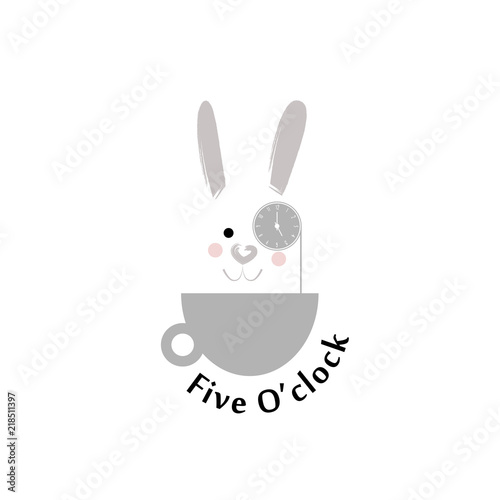 Rabbit in a gray cup.Time to drink tea, five o'clock. Monocle, clock. Icon, logo for cafe. Isolated object.