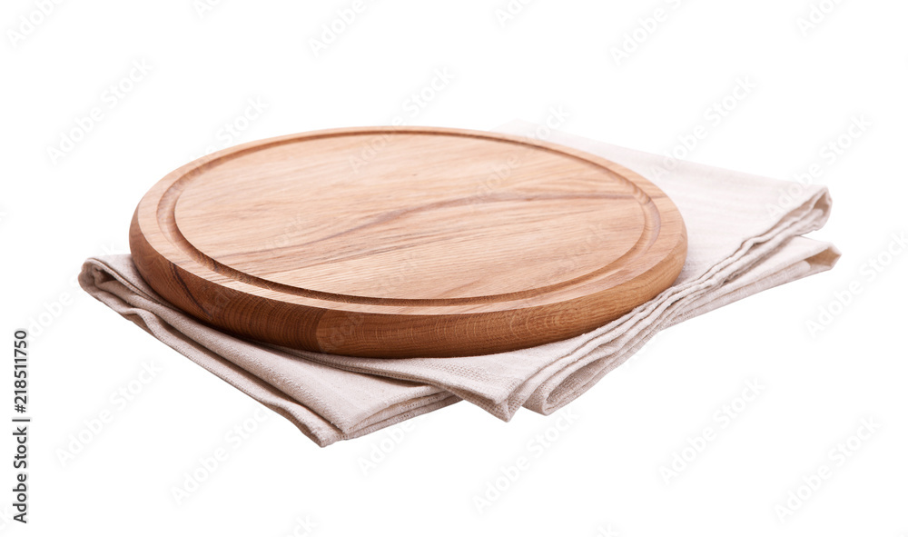 Board for pizza and tablecloth isolated on white. Canvas, dish towels on white background top view mock up. Selective focus. Board for pizza and tablecloth isolated on white. Canvas, dish towels on white background top view mock up. Selective focus.
