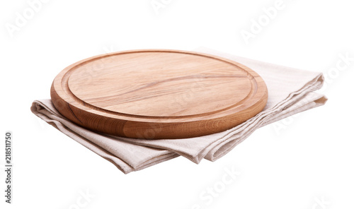 Board for pizza and tablecloth isolated on white. Canvas, dish towels on white background top view mock up. Selective focus.