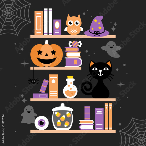 Halloween holiday greeting card design with books shelf and decoration