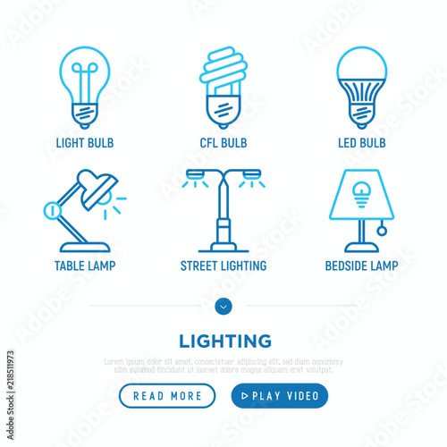 Lighting thin line icons set: light bulb, LED, CFL, table lamp, lamp post, bedtime lamp. Modern vector illustration.