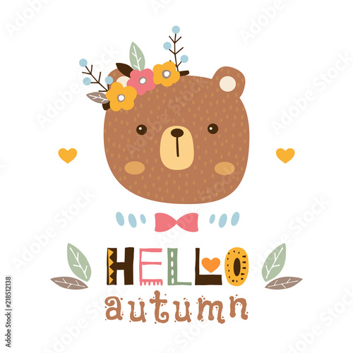 Fototapeta Naklejka Na Ścianę i Meble -  Hello autumn vector illustration. Cute bear vector card