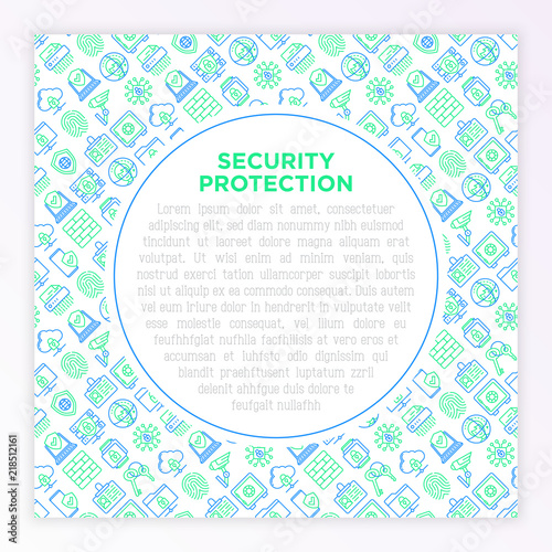 Security and protection concept with thin line icons: mobile security, fingerprint, badge, firewall, face ID, secure folder, surveillance camera, keyset, shredder. Modern vector illustration.