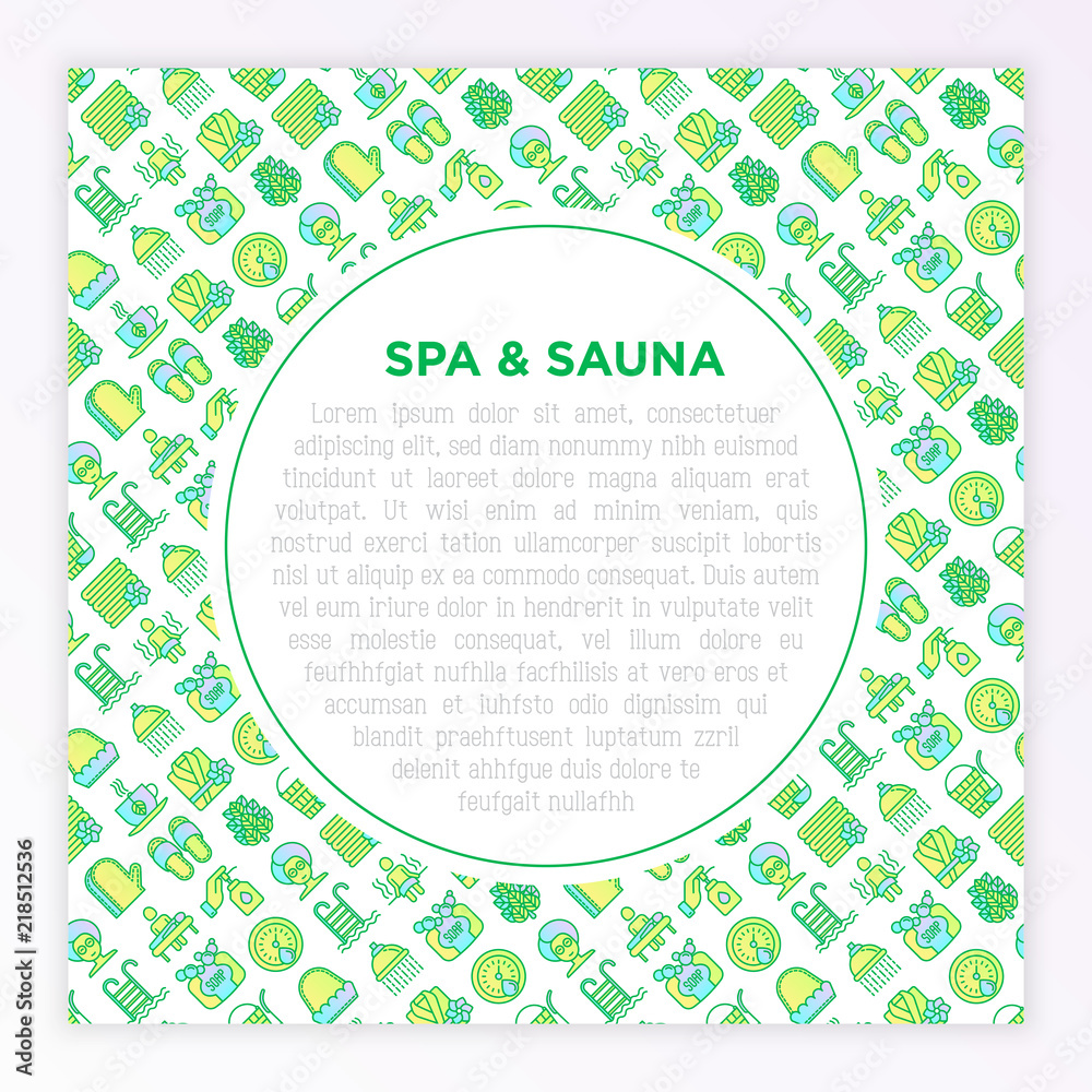 Spa & sauna concept with thin line icons: massage oil, towels, steam room, shower, soap, pail and ladle, hygrometer, swimming pool, herbal tea, spa treatments, facial mask. Vector illustration.