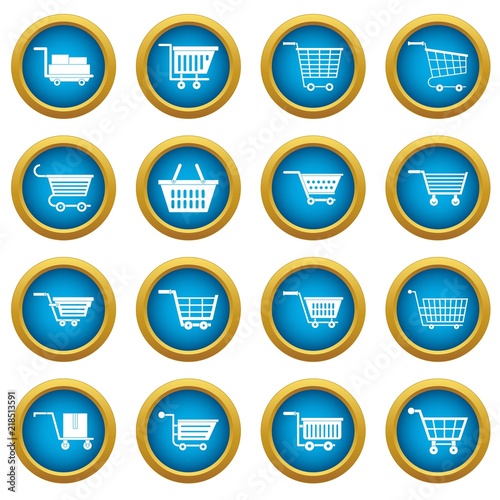 Shopping cart icons blue circle set isolated on white for digital marketing
