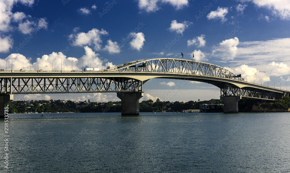 The Auckland Harbour Bridge, a motorway bridge over Waitematā Harbour in Auckland, New Zealand