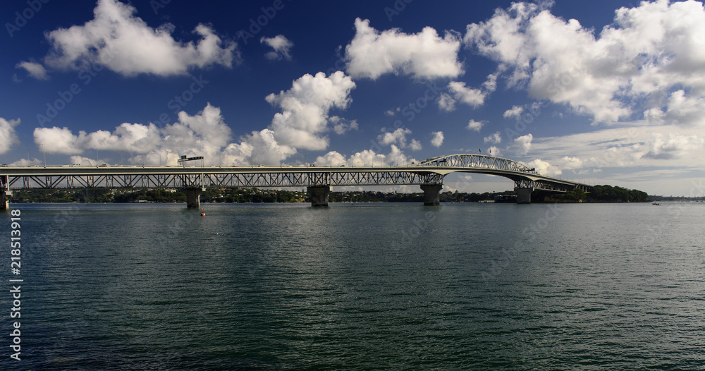 The Auckland Harbour Bridge, a motorway bridge over Waitematā Harbour in Auckland, New Zealand