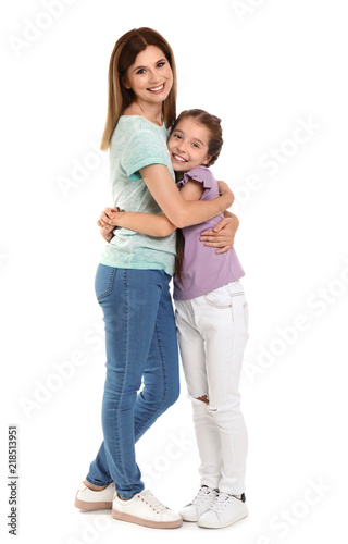 Mother with child on white background. Happy family
