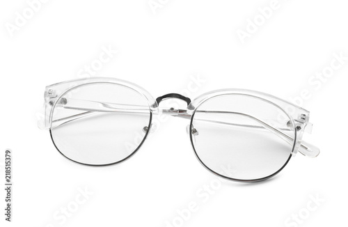 Glasses with corrective lenses on white background. Vision problem