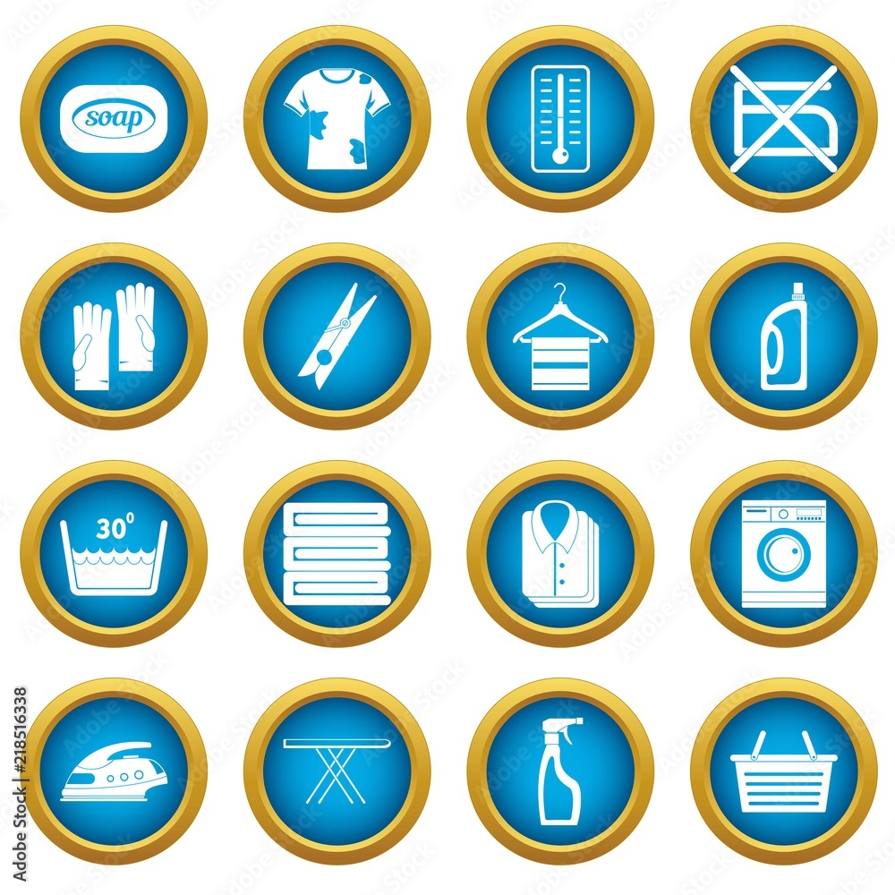 Laundry icons blue circle set isolated on white for digital marketing