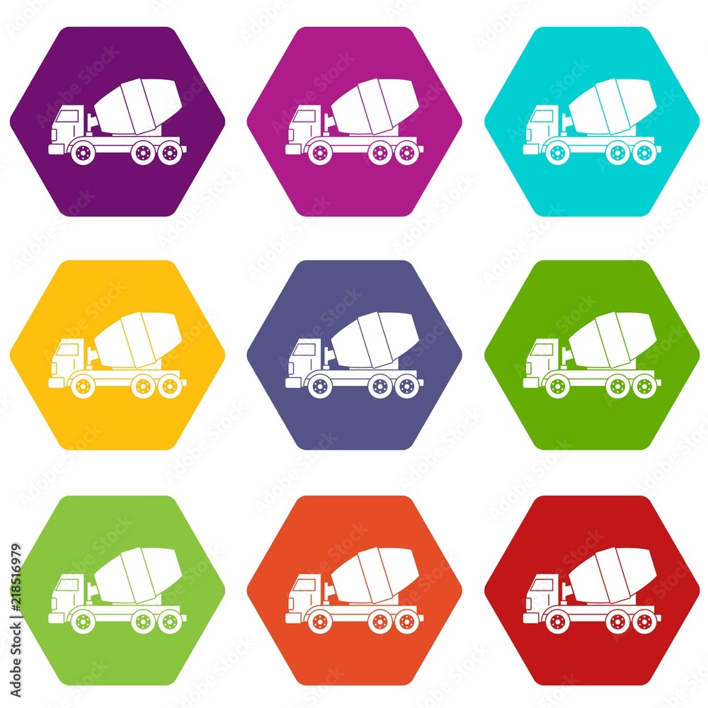 Truck concrete mixer icon set many color hexahedron isolated on white vector illustration Truck concrete mixer icon set many color hexahedron isolated on white vector illustration