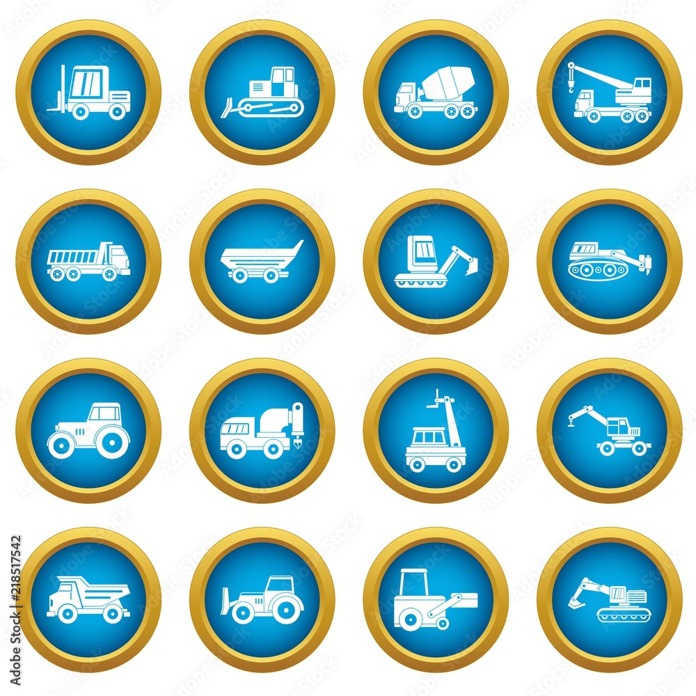 Building vehicles icons blue circle set isolated on white for digital marketing Building vehicles icons blue circle set isolated on white for digital marketing