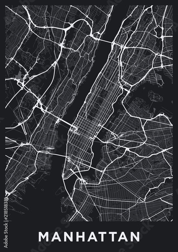 Dark Manhattan (New York) map. Road map of Manhattan (NYC). Black and white (dark) illustration of Manhattan's streets. Transport network of Manhattan. Printable poster format (portrait). photo