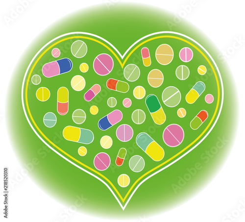 The flat pattern. Medical icon in the shape of a heart. Medications, pills.The concept of health care. Isolated, white. Vector.