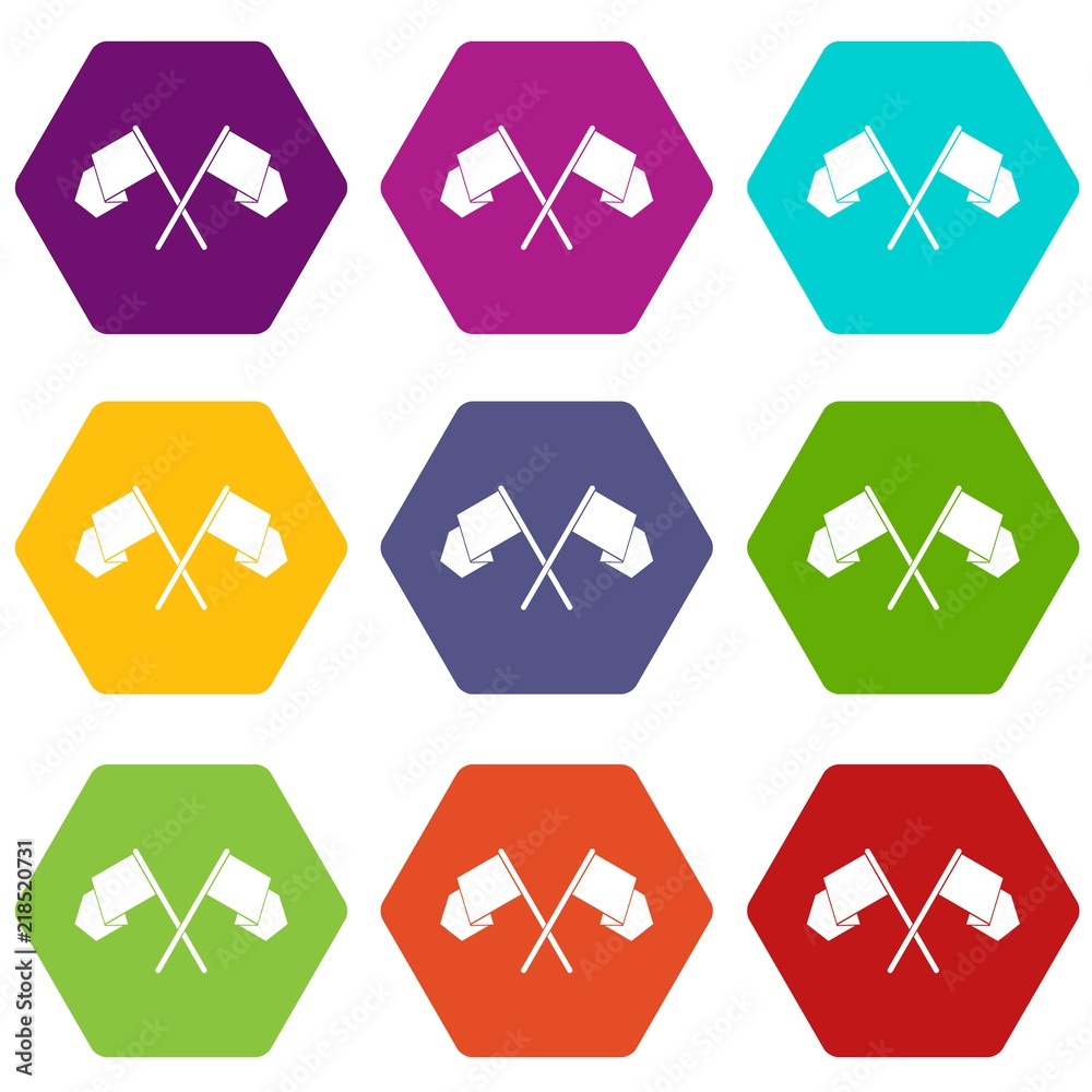 Crossed flags icon set many color hexahedron isolated on white vector illustration Crossed flags icon set many color hexahedron isolated on white vector illustration
