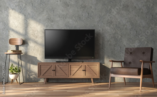 Fototapeta Naklejka Na Ścianę i Meble -  Loft style living room 3d render.There is a polished concrete wall and wood floor .Furnished with wooden furniture .There is a clipping path on  tv screen.