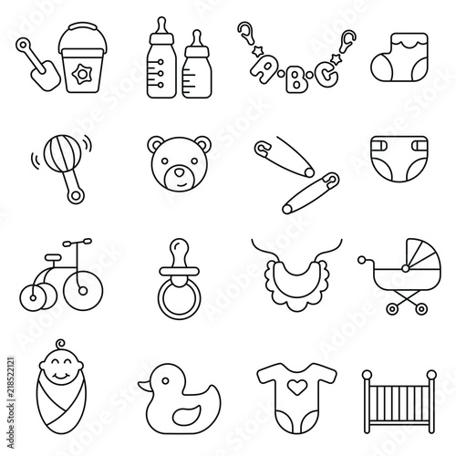 Baby related icons: thin vector icon set, black and white kit