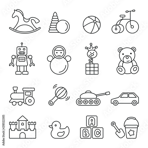 Baby toy related icons: thin vector icon set, black and white kit