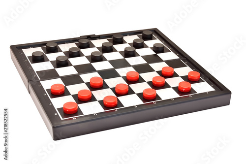 Checkers on the board isolated on white background