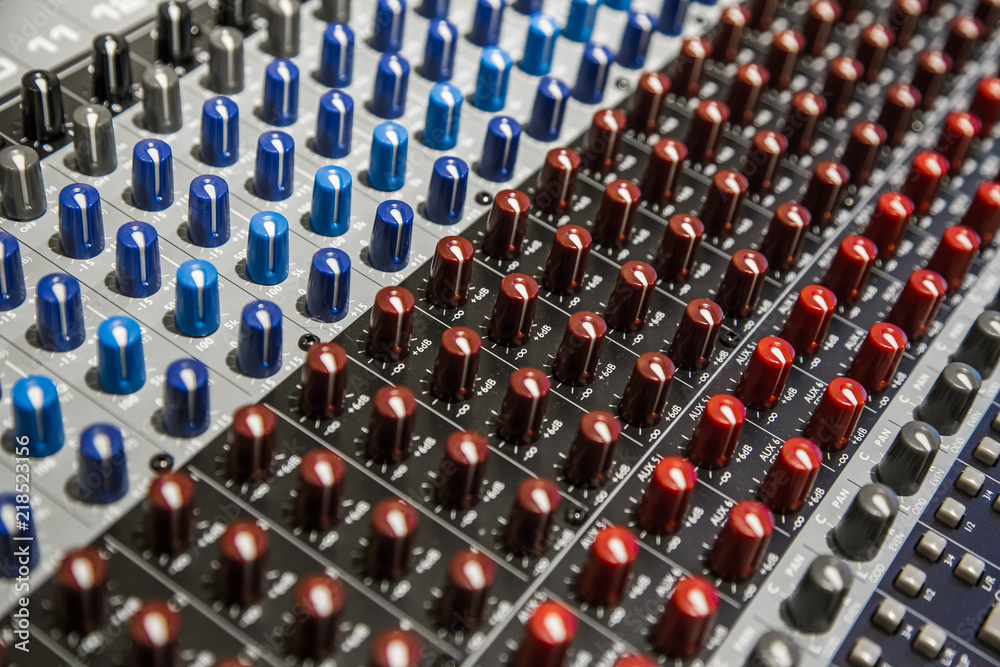 Close-up of the knobs of the mixing console Close-up of the knobs of the mixing console