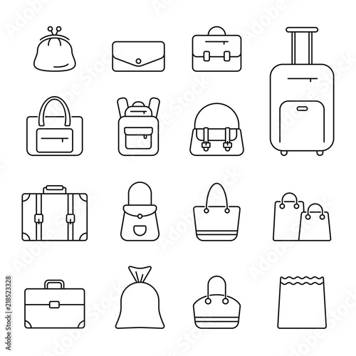 Bag related icons: thin vector icon set, black and white kit