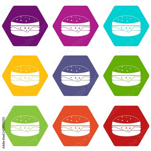 Burger icon set many color hexahedron isolated on white vector illustration