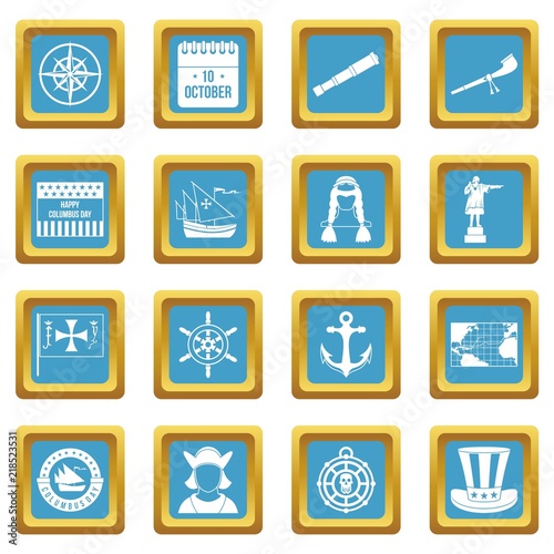 Columbus Day icons set in azur color isolated vector illustration for web and any design