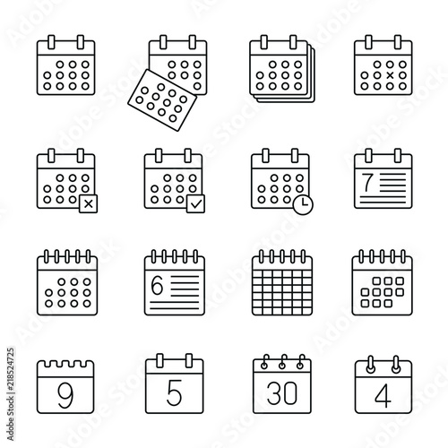 Calender related icons: thin vector icon set, black and white kit