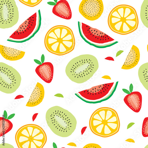 Abstract Half Cut Fruits Vector Pattern. Cute Watermelons  Strawberries  Orange and Kiwi. White Background. Simple Infantile Design.
