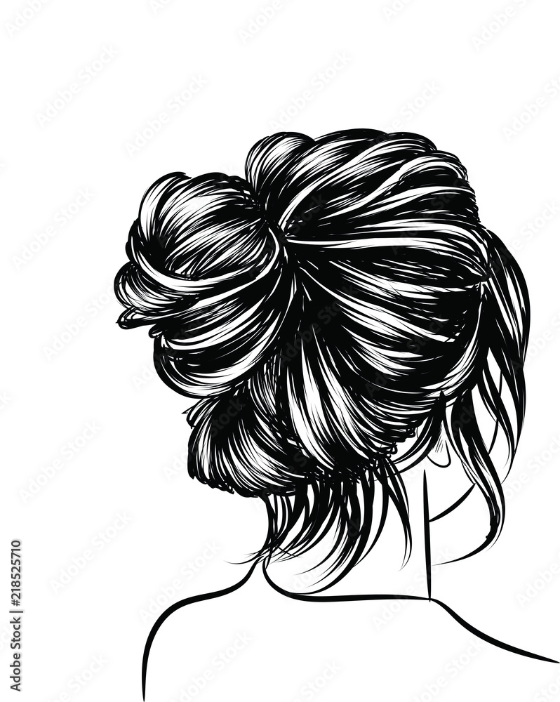 Woman with stylish classic bun with perfet eyebrow shaped and ful. Illustration of business hairstyle with natural long hair. Hand-drawn idea for gretting card, poster, flyers, web, print for t-shirt.