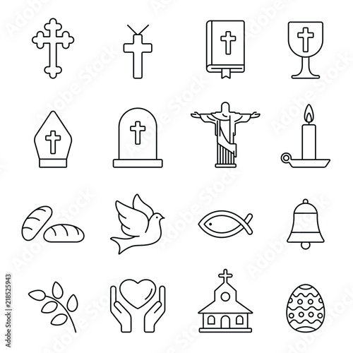 Christian related icons: thin vector icon set, black and white kit
