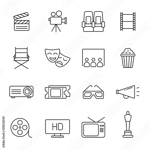 Cinema related icons: thin vector icon set, black and white kit