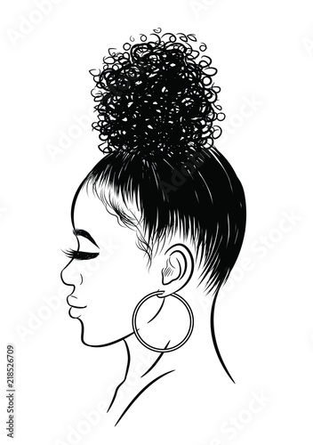 Curly beauty girl illustration isolated on clear background. Double buns with long hair. Hand draw idea for business cards, templates, web, brochure, posters, postcards, salon
