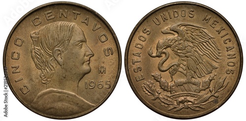 Mexico Mexican coin 5 five centavo 1959, bust of insurgent Josefa Dominguez right, eagle on cactus catching snake,  photo