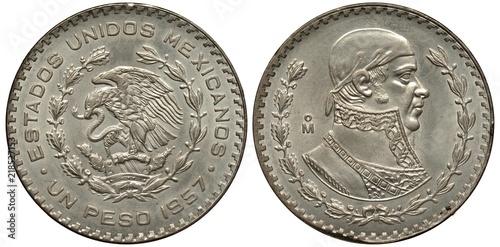 Mexico Mexican silver coin 1 one peso 1957, eagle on cactus catching snake flanked by springs, bust of Hose Maria Morelos y Pavone right, patina, photo