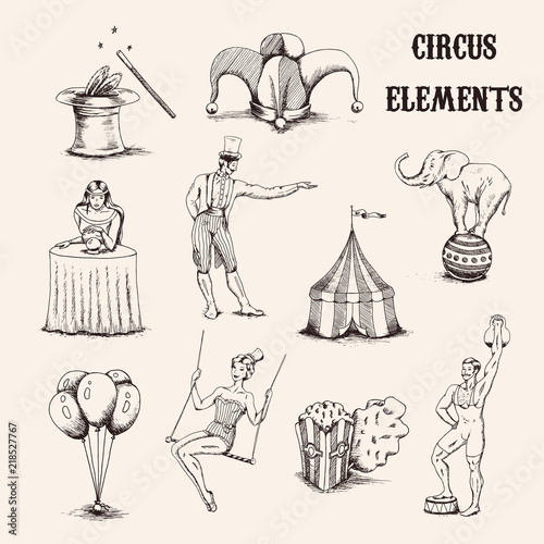 Vector hand drawn circus elements set. Acrobat, elephant, popcorn, baloons, cilinder hat and magic wand isolated on white background illustration