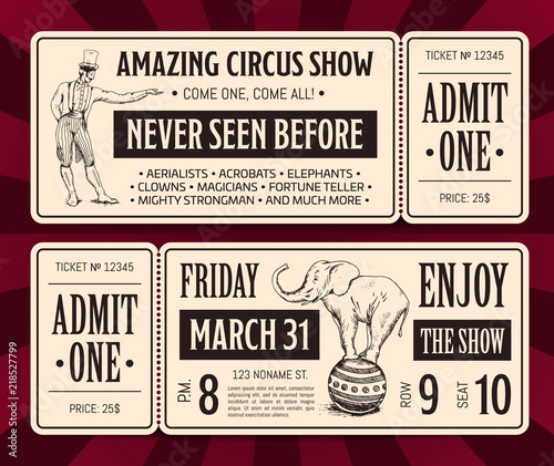 Vector retro circus ticket front and back templates with typography and hand drawn magician and elephant.