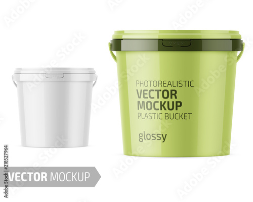 White glossy plastic bucket mockup with label.