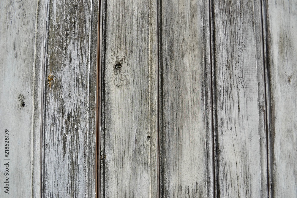 Fototapeta premium Closeup photograph of a weathered wooden wall. White paint has partially faded.