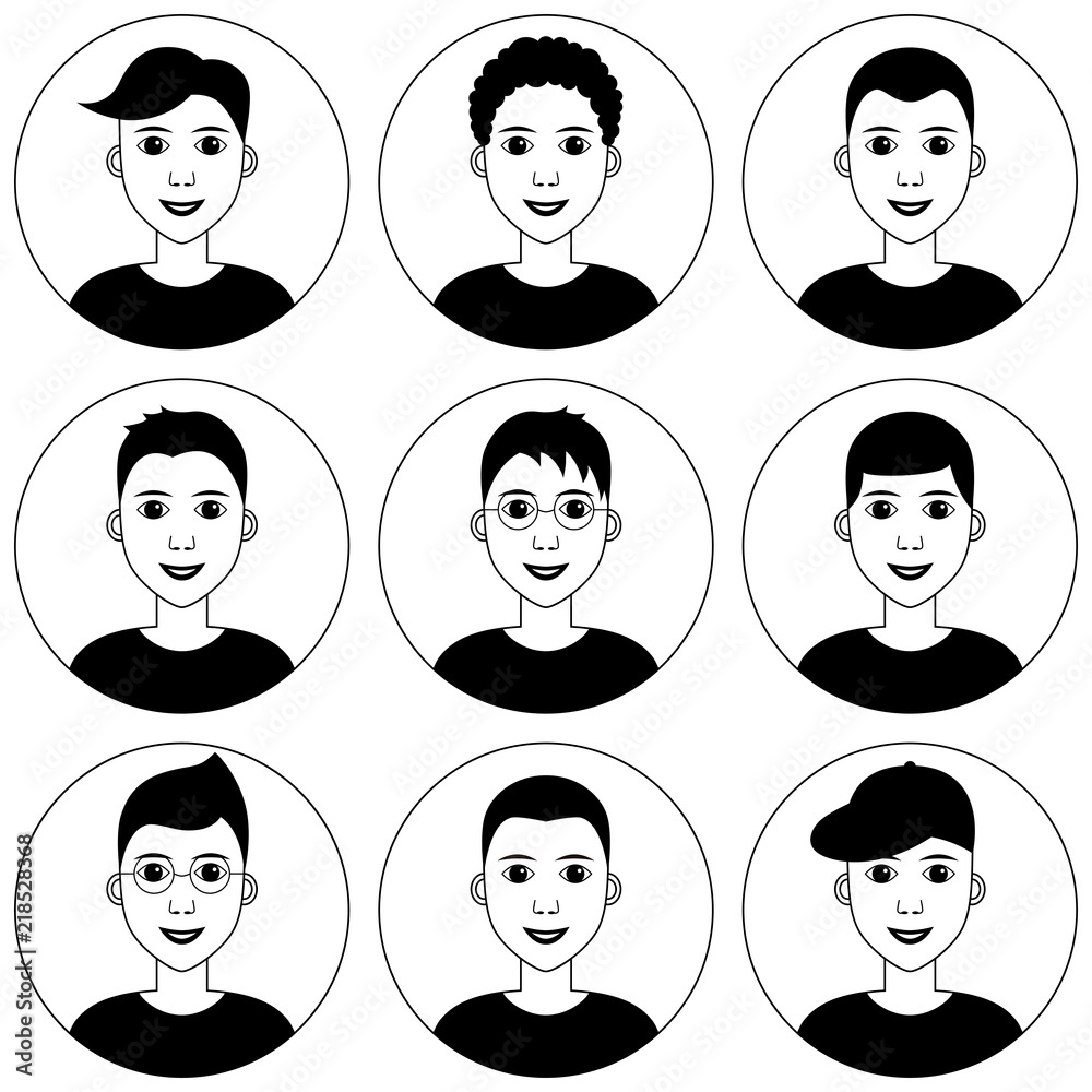 Young man avatar set. Diverse haircuts, style, hairstyle. Vector clipart illustration. Black and white graphics isolated on white background Stock Vector | Adobe Stock Young man avatar set. Diverse haircuts, style, hairstyle. Vector clipart illustration. Black and white graphics isolated on white background Stock Vector | Adobe Stock