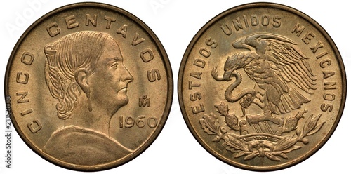 Mexico Mexican coin 5 five centavo 1960, bust of insurgent Josefa Dominguez right, eagle on cactus catching snake,  photo
