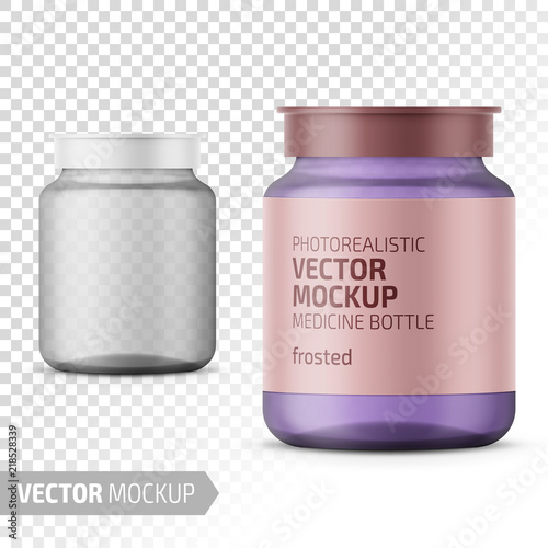 Clear glass medicine bottle template with label.