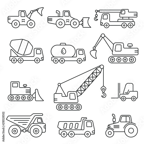 Construction machinery related icons: thin vector icon set, black and white kit