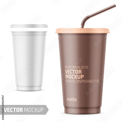 White disposable plastic cup with lid and straw.