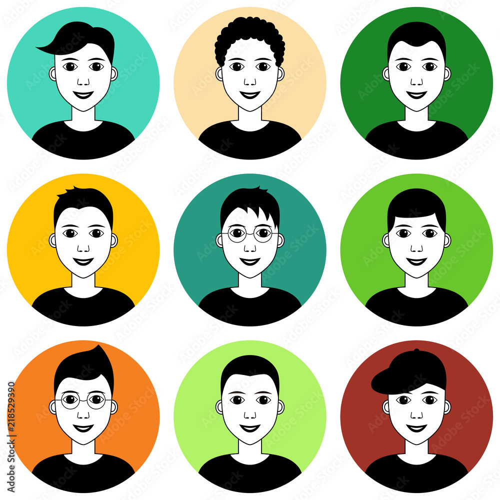 Young man avatar set. Diverse haircuts, style, hairstyle. Vector clipart illustration. Black and white graphics with color isolated on white background Stock Vector | Adobe Stock Young man avatar set. Diverse haircuts, style, hairstyle. Vector clipart illustration. Black and white graphics with color isolated on white background Stock Vector | Adobe Stock