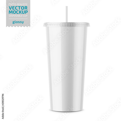 White disposable glossy cup with lid and straw.