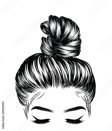 Woman with stylish classic bun with perfect eyebrow shaped and full. Illustration of business hairstyle with natural long hair. Hand-drawn idea for greeting card, poster, flyers, web, print for t-shir